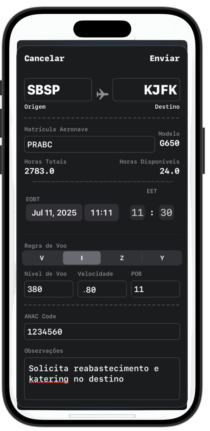 Tela de solicitação de voo do app Alfa Zulu